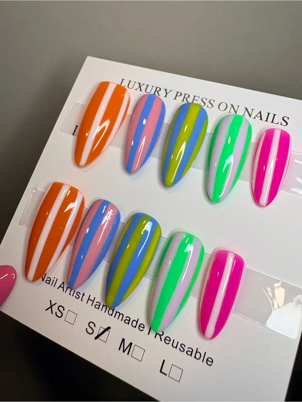 Luxury Press-On Nails - Bright Neon Stripe Set